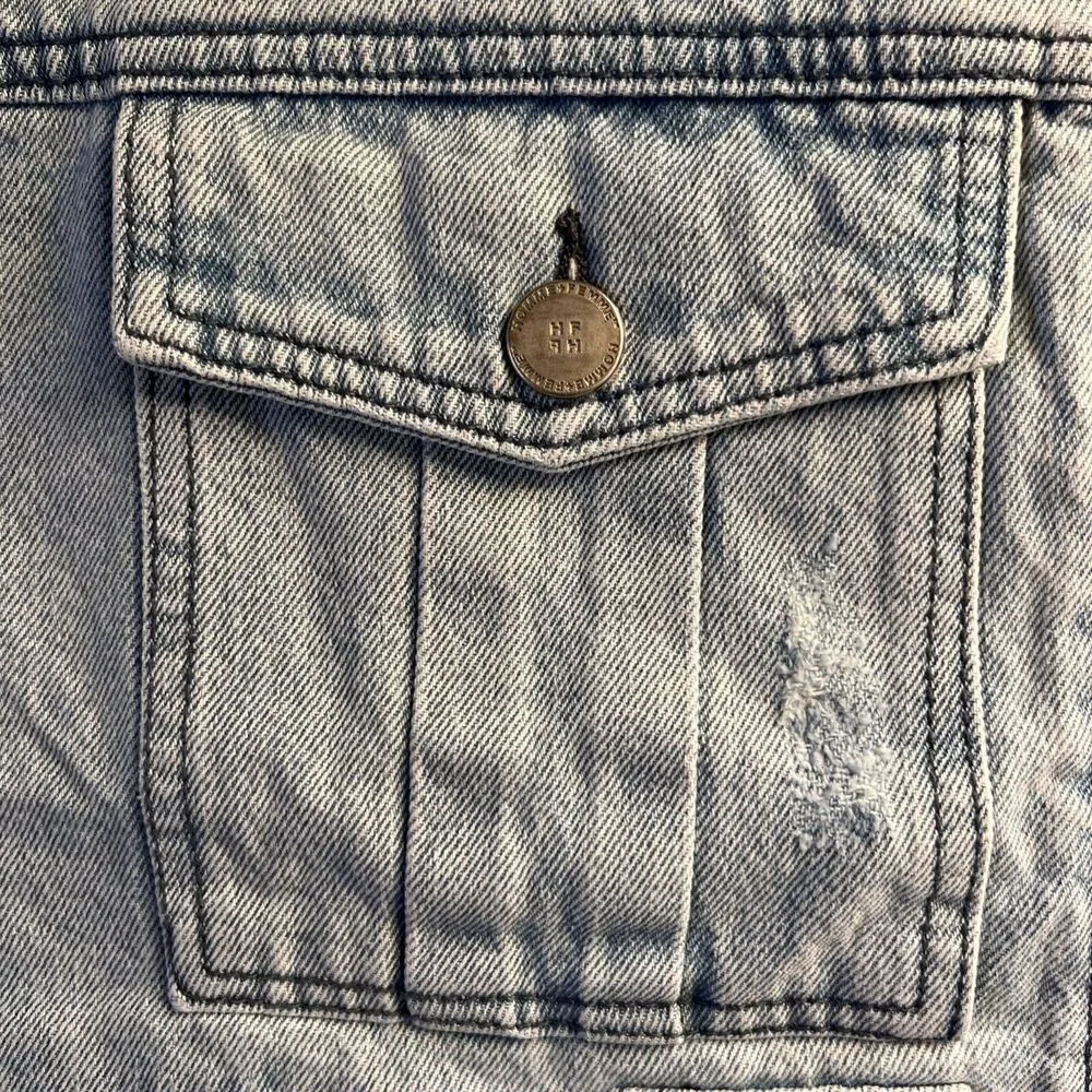 NWT Homme + Femme Light Wash distressed denim Work jacket Sz S Full zip